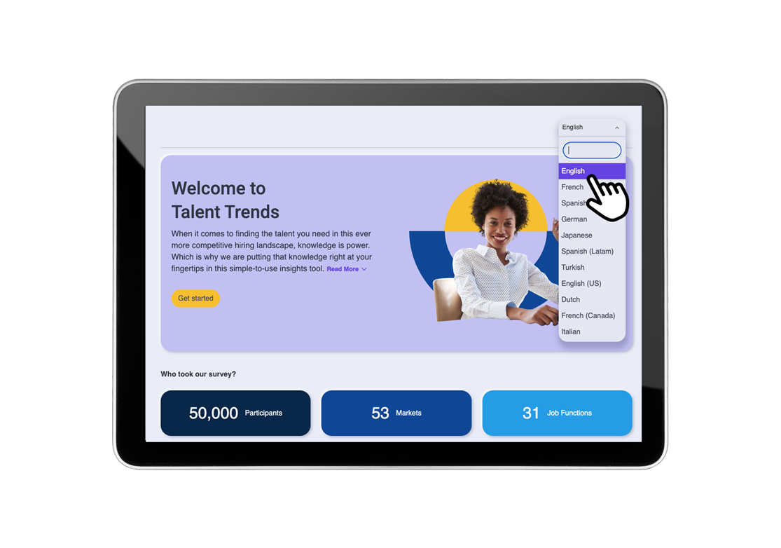 Écran de tablette affichant une page Web sur les tendances du talent avec options linguistiques.