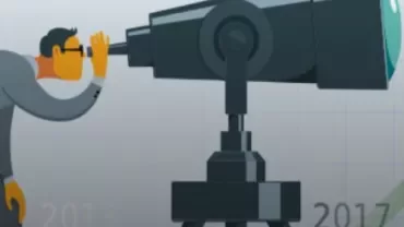 Illustration of a person looking through a large telescope, with years 2013 and 2017 in the background.