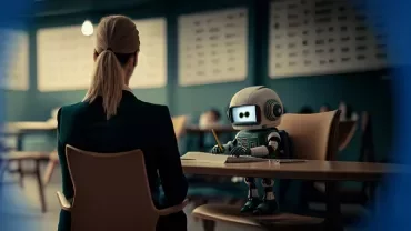 Un robot et une personne assis à une table dans une salle.