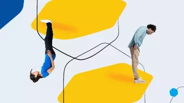 Deux personnes sur des formes hexagonales avec des lignes abstraites.