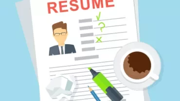 Illustration of a resume with a photo, checklist, highlighter, and coffee cup.