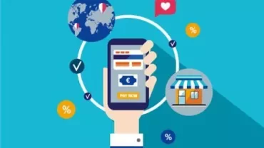 Smartphone affichant une application de paiement avec des icônes de shopping.