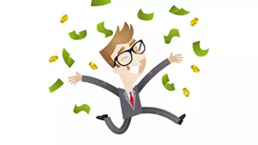 Cartoon person in a suit joyfully jumping with money flying around.