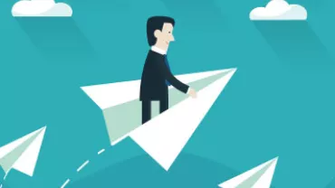 Illustration of person flying on a paper plane with clouds in the sky.