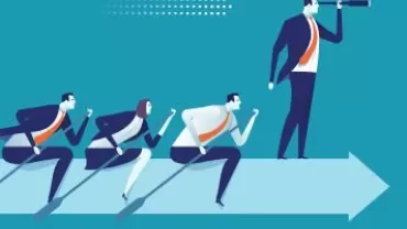 Illustration of figures running forward, with one looking through a telescope.