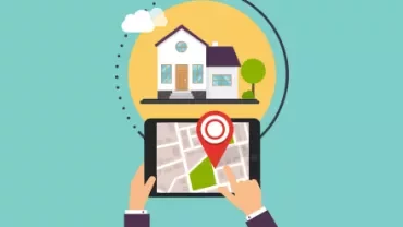 Tablet showing a map with a location pin pointing to a house.