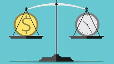 Illustration of a scale balancing a clock and a dollar sign.