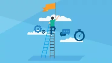 Personne sur une échelle atteignant un drapeau parmi les nuages et icônes.