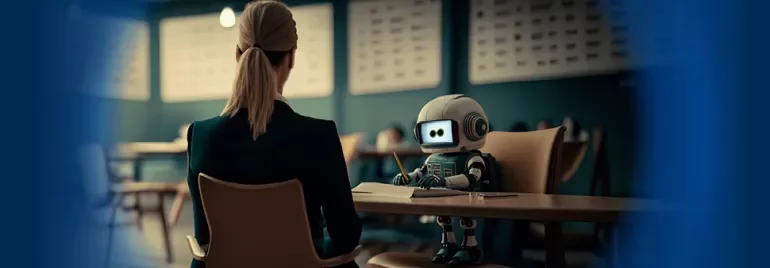 Robot and person sitting across from each other at a table in a room.