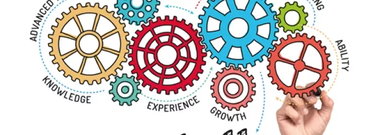 Hand drawing gears labeled with learning, competence, and growth above the word 'Skill'.