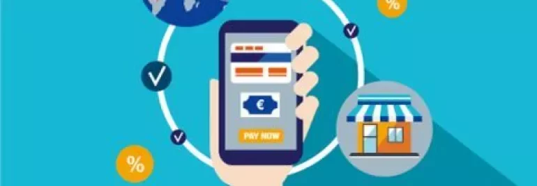 Smartphone displaying a payment app with shopping icons.