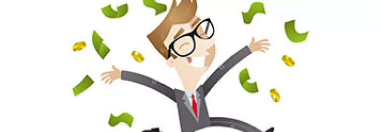 Cartoon person in a suit joyfully jumping with money flying around.
