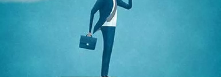 Person in a suit looking through a telescope, standing on a graph peak.
