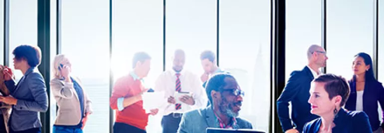 People in a bright office engaged in discussions near large windows.