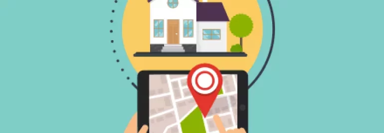Tablet showing a map with a location pin pointing to a house.