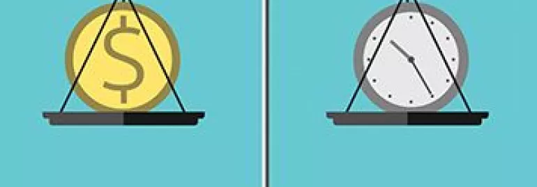 Illustration d'une balance avec une horloge et un signe dollar.