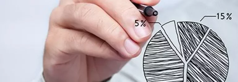 Person drawing a pie chart with percentages on glass.