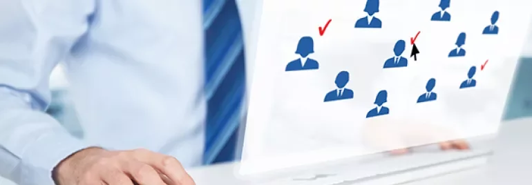 Person using a computer with a diagram of blue silhouettes and check marks on the screen.