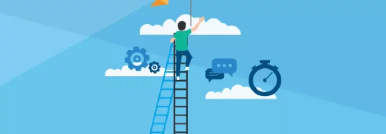 Personne sur une échelle atteignant un drapeau parmi les nuages et icônes.