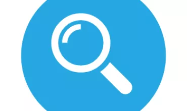 Cercle bleu avec une loupe blanche.