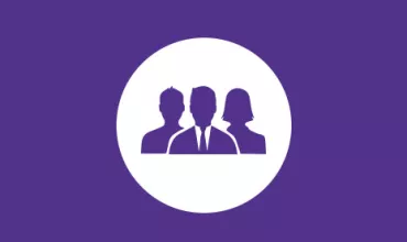 Silhouettes of three people inside a circle on a purple background.
