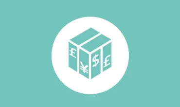 Cube with currency symbols on a teal background.