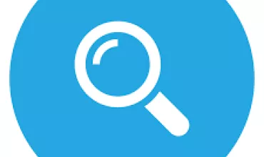 Magnifying glass icon on blue background.